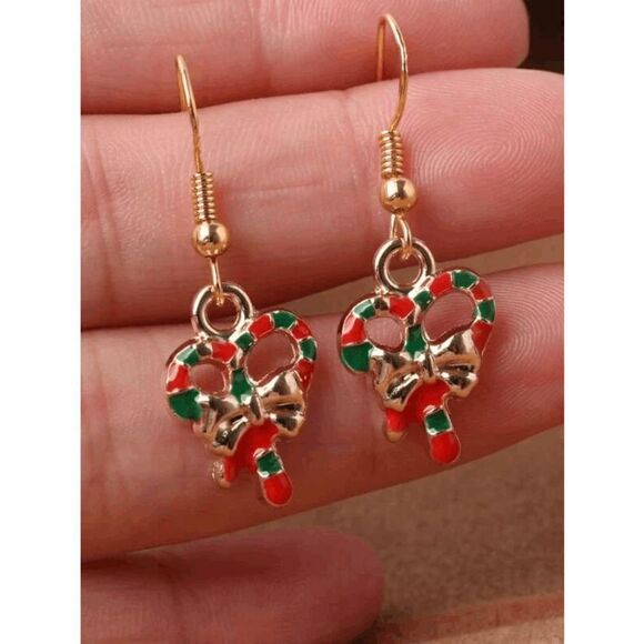 GOLD COLORFUL CHRISTMAS CANDY CANE BOW DANGLE EARRINGS - Picture 3 of 6